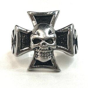 Iron Cross & Skull Ring Stainless Steel Unisex Biker 3-sided Design Sz 13